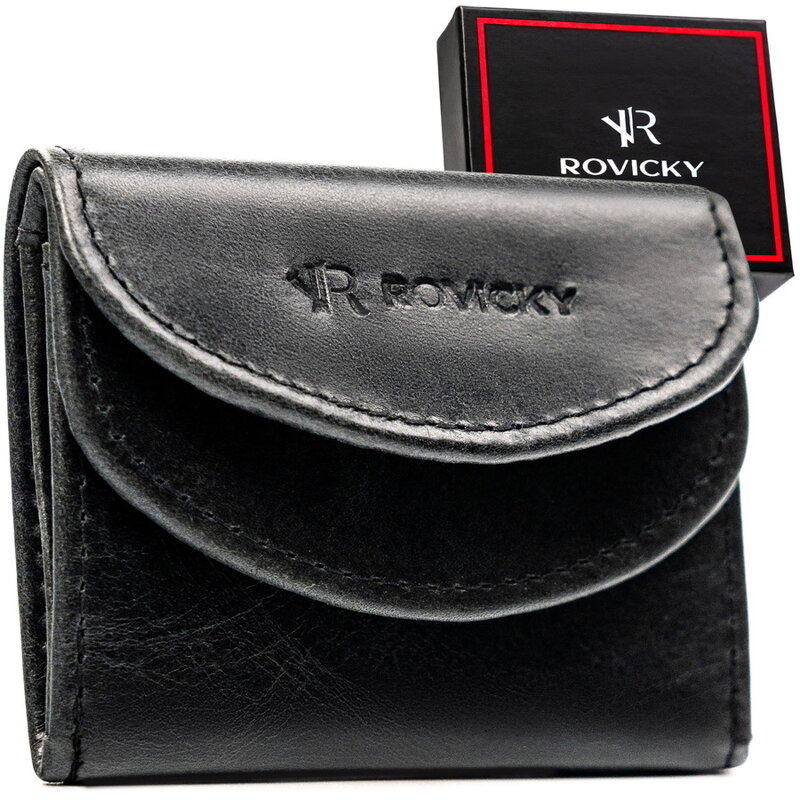 Mały, skórzany portfel męski w czarnym kolorze zamykany zatrzaskiem - Rovicky
