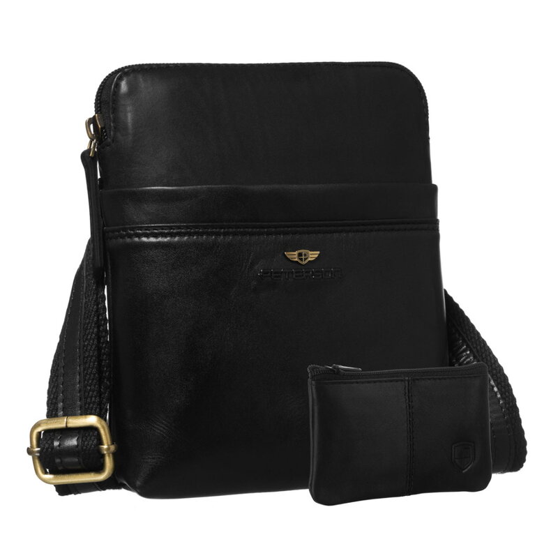 Praktyczna listonoszka męska ze skóry naturalnej w czarnym kolorze z kieszeniami zewnętrznymi - Peterson