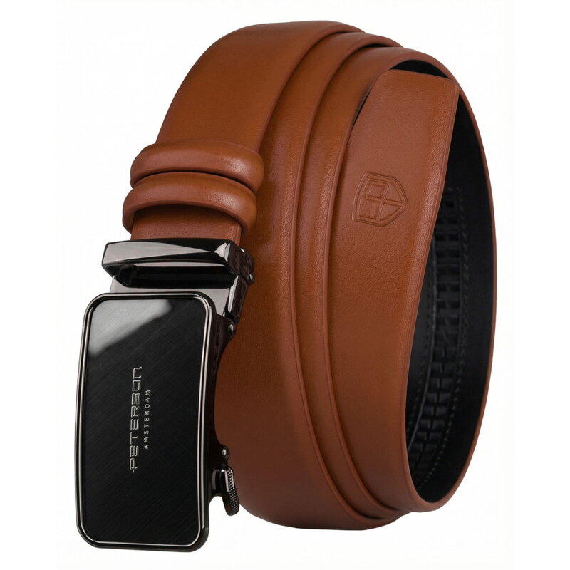 Skórzany, stylowy pasek męski w jasnobrązowym kolorze z automatyczną, czarną klamrą - Peterson