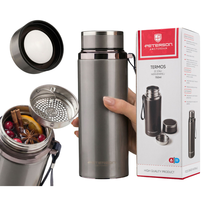 Termos stalowy kubek termiczny 750 ml srebrny na gorące napoje sitko na herbatę zimne napoje - Peterson 