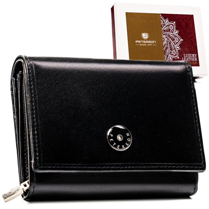 Elegancki i kompaktowy portfel damski w czarnym kolorze wykonany ze skóry naturalnej - Peterson