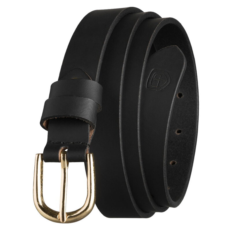 Elegancki pasek damski ze skóry naturalnej w czarnym kolorze ze złotą, klasyczną klamrą - Peterson