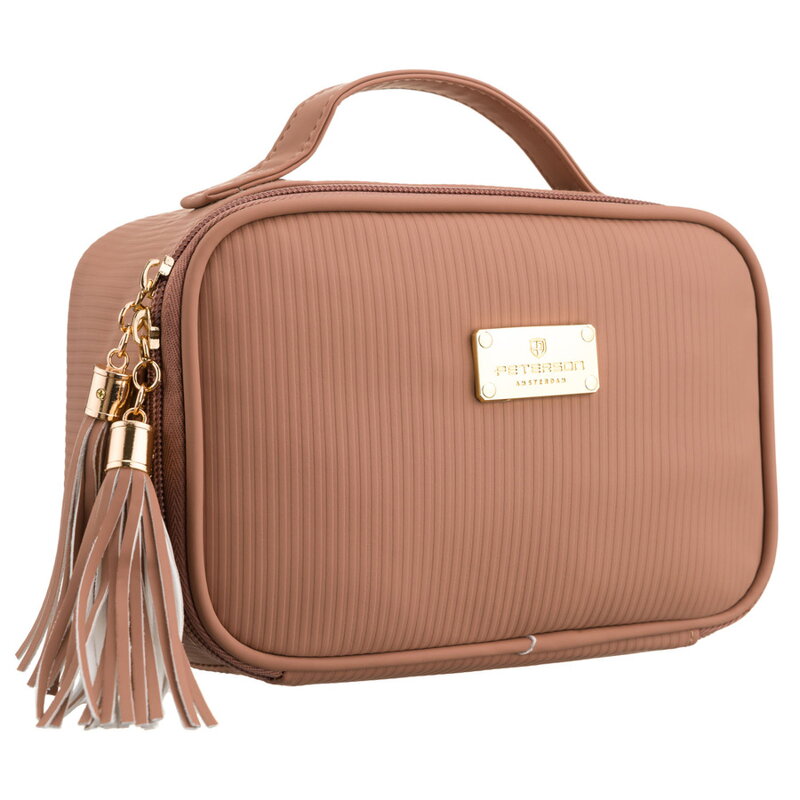 Jednokomorowa kosmetyczka z tkaniny syntetycznej w beżowym kolorze wyposażona praktyczny uchwyt - Peterson Jednokomorowa kosmetyczka z tkaniny syntetycznej w beżowym kolorze wyposażona praktyczny uchwyt - Peterson