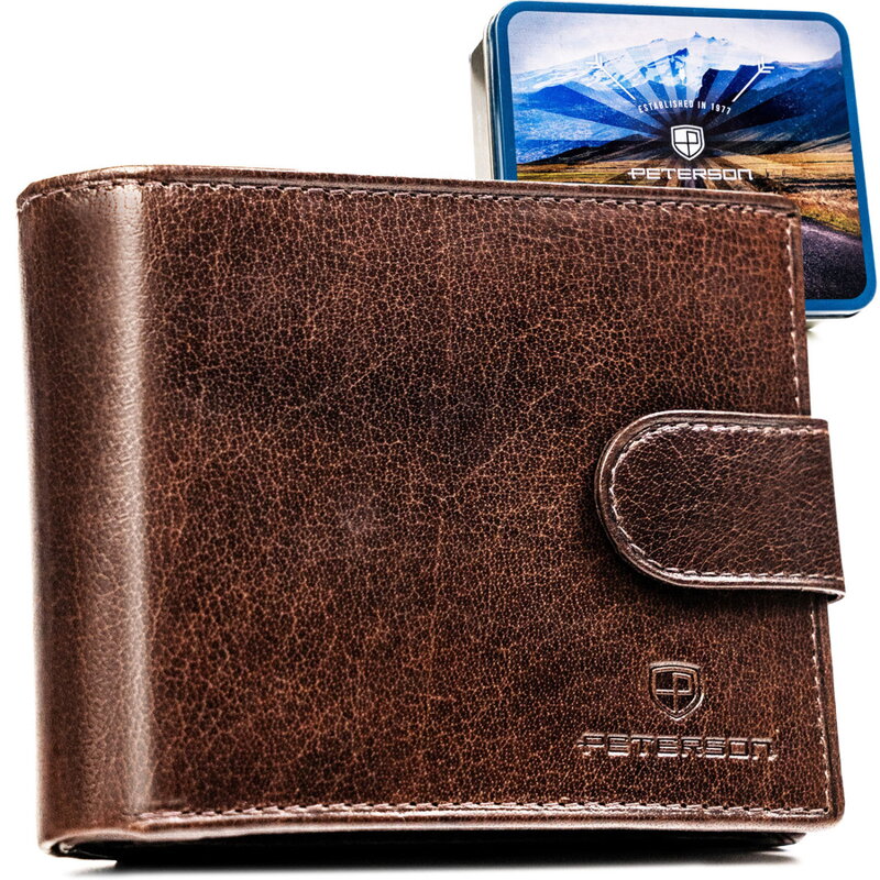 Poziomy portfel męski ze skóry naturalnej w brązowym kolorze wyposażony w system RFID - Peterson
