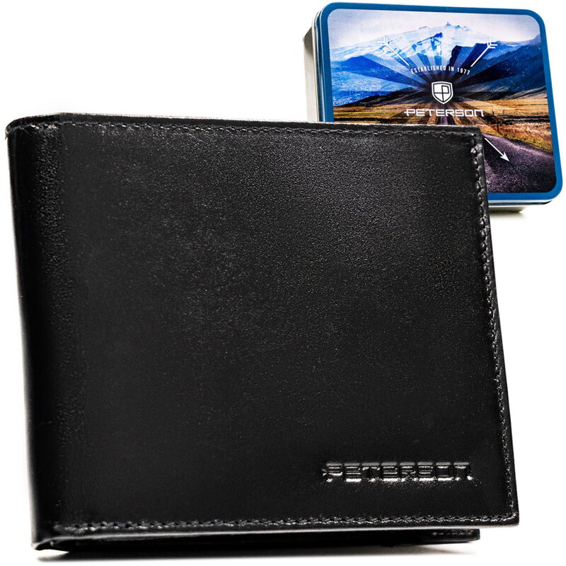 Portfel męski ze skóry naturalnej w czarnym kolorze wyposażony w system RFID, w zestawie z brelokiem - Peterson