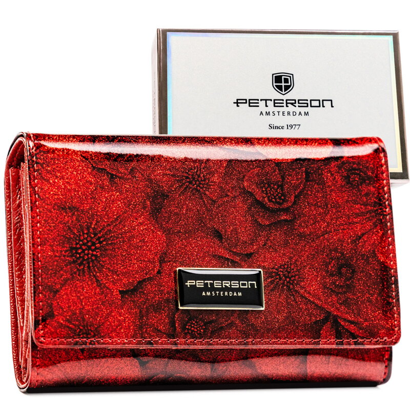 Červená, lakovaná kožená dámska peňaženka s kvetmi - Peterson, na patentný cvok - Peterson