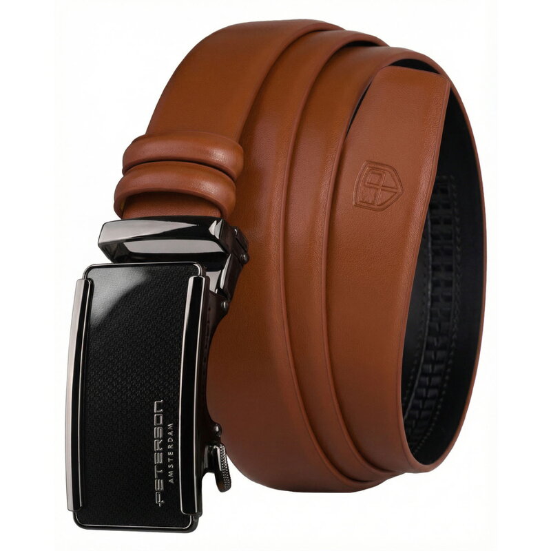 Elegancki, skórzany pasek męski w jasnobrązowym kolorze z automatyczną klamrą - Peterson