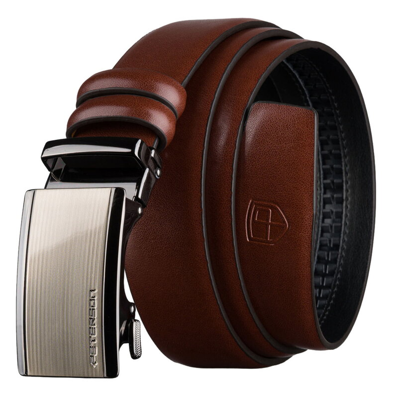 Brązowy pasek męski z automatyczną klamrą wykonany ze skóry naturalnej - Peterson