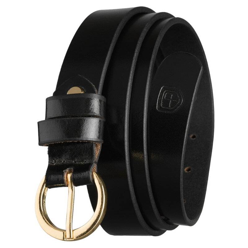 Skórzany pasek damski w czarnym kolorze ze złotą, klasyczną klamrą - Peterson