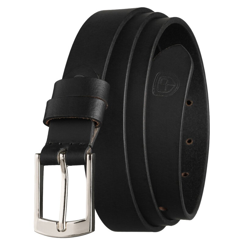 Skórzany, czarny pasek damski ze srebrną, klasyczną klamrą - Peterson