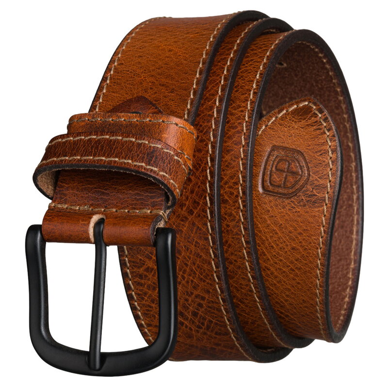 Pasek męski ze skóry naturalnej w jasnobrązowym kolorze z klasyczną klamrą - Peterson