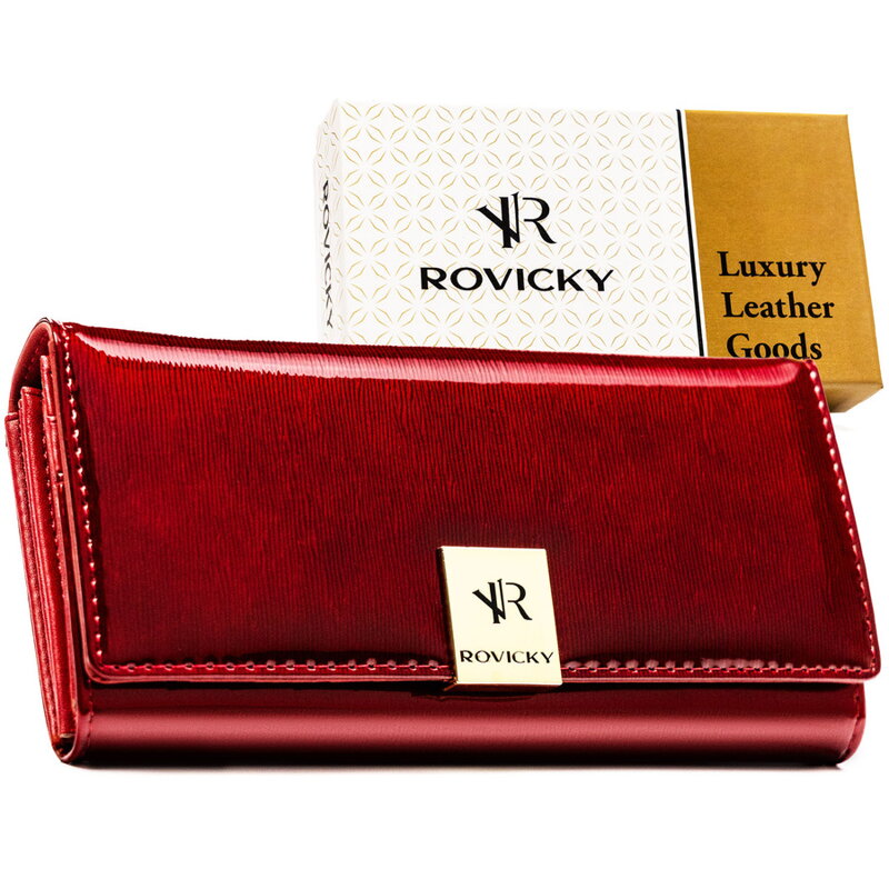 Duży, skórzany portfel damski w czerwonym kolorze zamykany na zatrzask - Rovicky