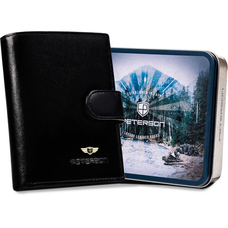 Duży portfel męski wykonany ze skóry naturalnej w czarnym kolorze, wyposażony w system RFID - Peterson