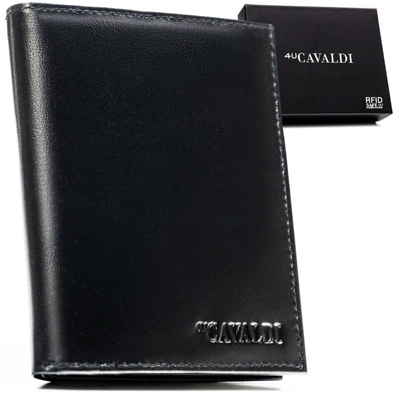 Duży, czarny portfel męski ze skóry naturalnej z systemem RFID bez zapięcia zewnętrznego - 4U Cavaldi