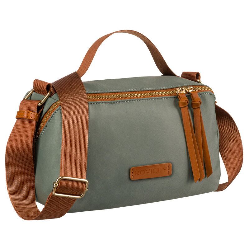 Zielona listonoszka damska z nylonu z brązowymi wstawkami ze skóry ekologicznej, jednokomorowa - Rovicky