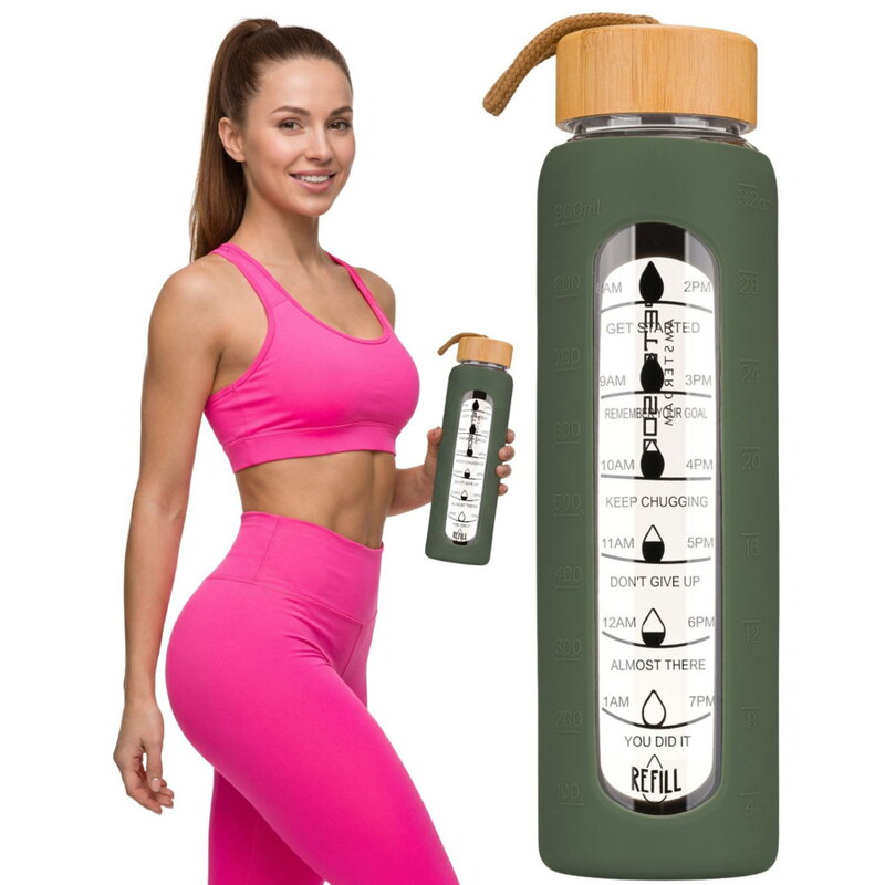 Sklenená fľaša na vodu 960 ml so silikónovým obalom s motivačnou stupnicou v zelenej farbe – Peterson