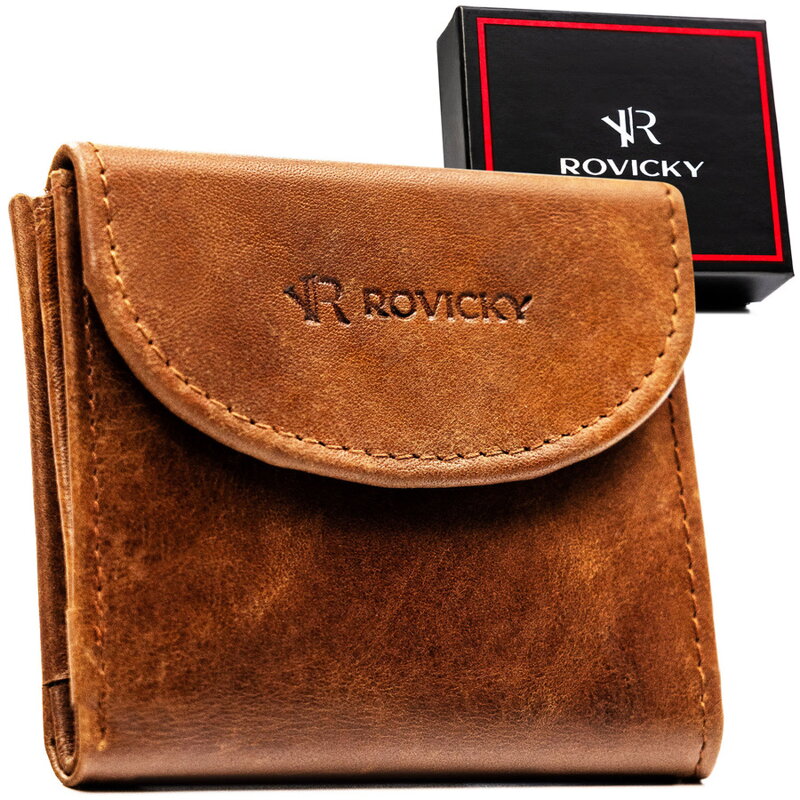 Mały i cienki, skórzany portfel męski w brązowym kolorze zamykany zatrzaskiem - Rovicky