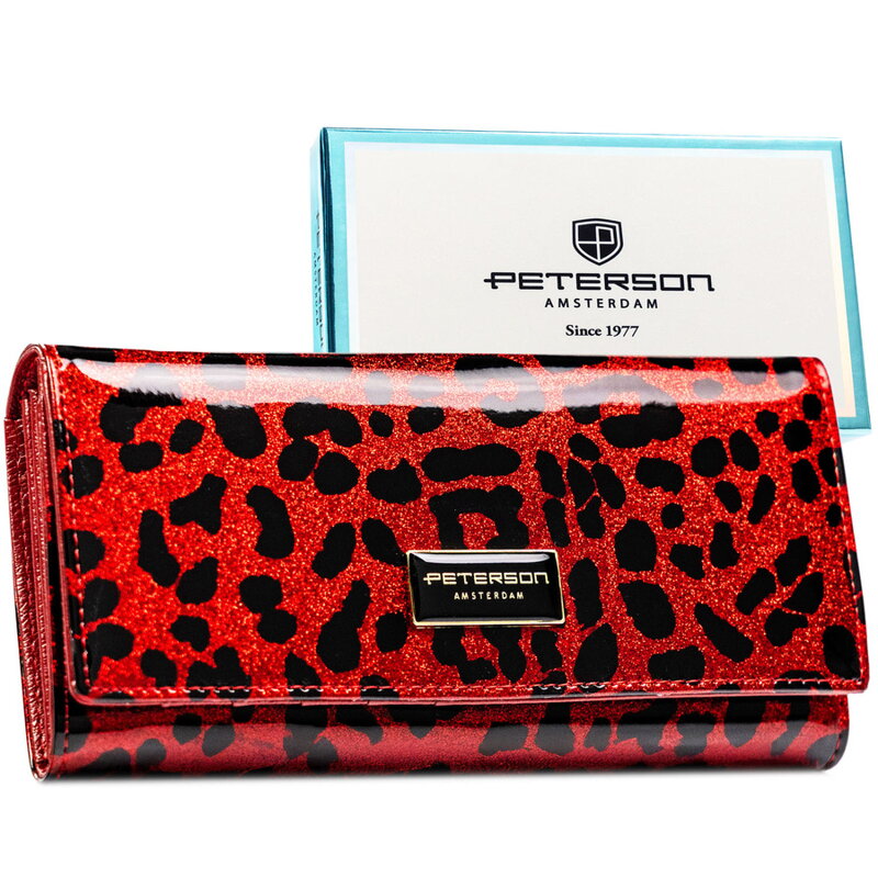 Duży portfel damski ze skóry ekologicznej i naturalnej w czerwonym kolorze zamykany zatrzaskiem - Peterson