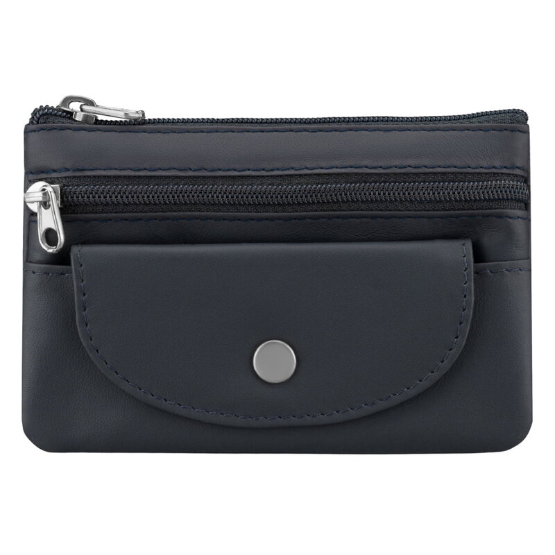 Granatowe etui na klucze ze skóry naturalnej z zewnętrzną kieszenią na zatrzask, zamykane suwakiem