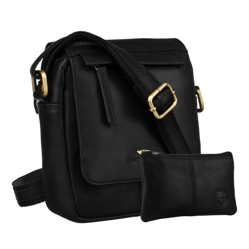 Skórzana, czarna torba męska na ramię z klapką i etui w zestawie - Peterson