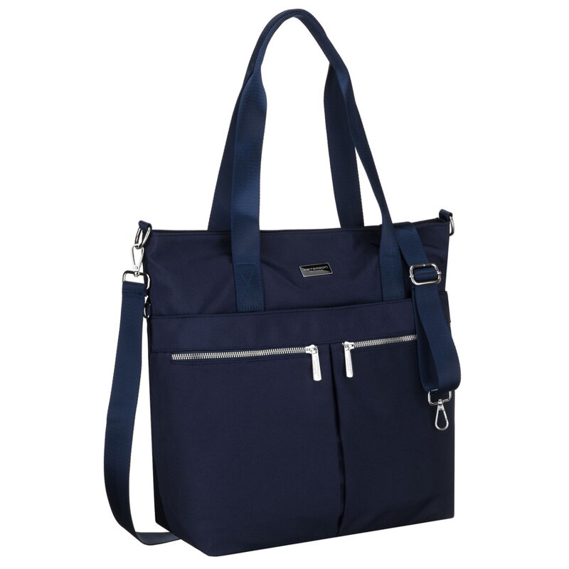 Granatowa, jednokomorowa shopperka damska z poliestru wyposażona w dopinany, regulowany pasek - Peterson