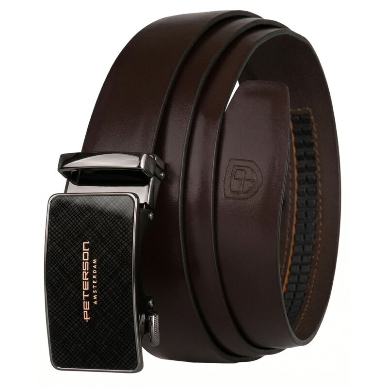 Skórzany, solidny pasek męski w ciemnobrązowym kolorze z automatyczną klamrą - Peterson