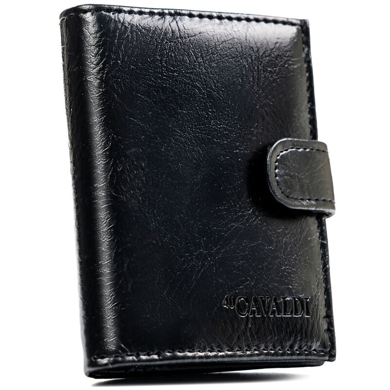 Pionowy, czarny portfel męski ze skóry ekologicznej zapinany na zatrzask - 4U Cavaldi