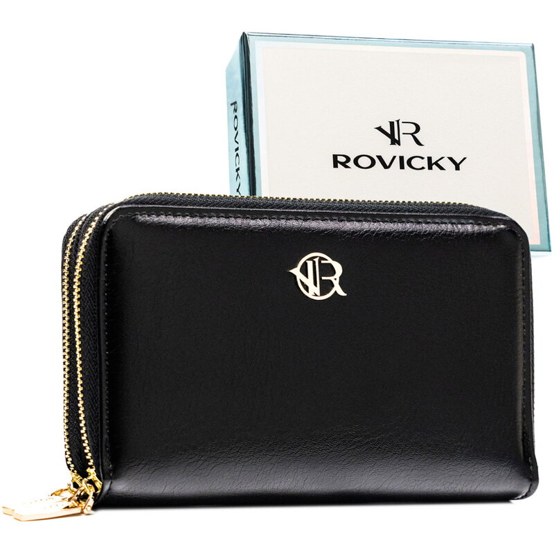 Duży, czarny portfel damski ze skóry ekologicznej zamykany suwakiem - Rovicky