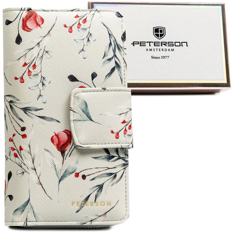 Duży, elegancki i pionowy portfel damski ze skóry ekologicznej w kwiaty - Peterson Duży, elegancki i pionowy portfel damski ze skóry ekologicznej w kwiaty - Peterson