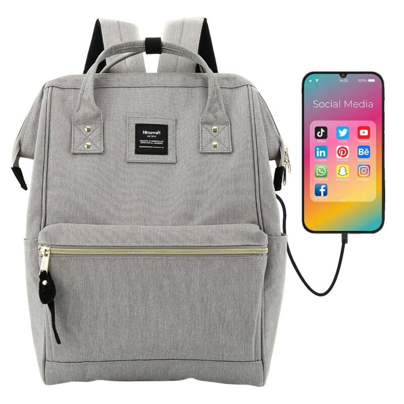 Plecak damski szary pojemny z USB i kieszenią na laptopa - Himawari Plecak damski szary pojemny z USB i kieszenią na laptopa - Himawari