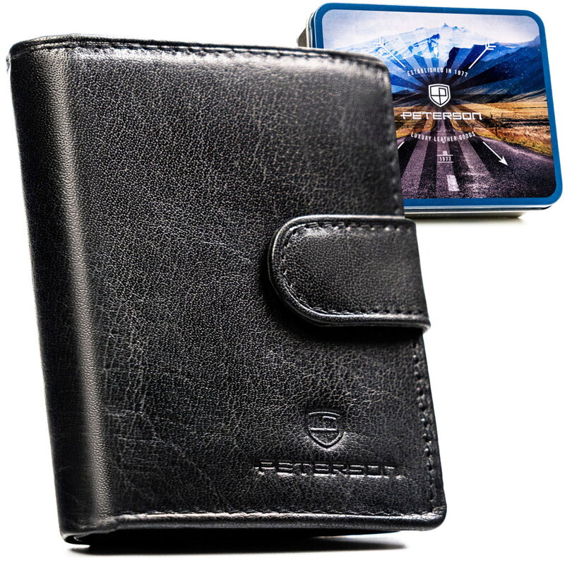 Portfel męski ze skóry naturalnej w czarnym kolorze, model zamykany zatrzaskiem - Peterson