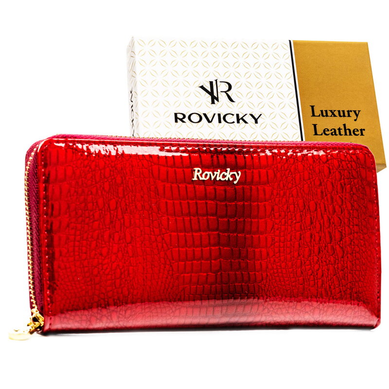 Lakierowany portfel w typie piórnika ze skóry naturalnej w czerwonym kolorze zamykany na suwak - Rovicky Lakierowany portfel w typie piórnika ze skóry naturalnej w czerwonym kolorze zamykany na suwak - Rovicky