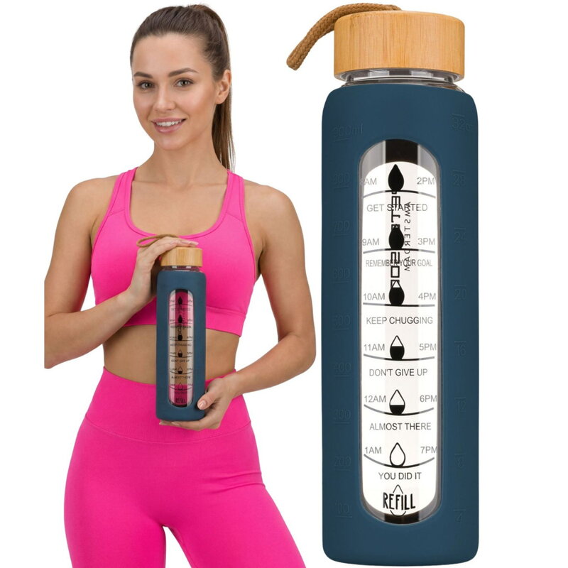 Sklenená fľaša na vodu 960 ml so silikónovým obalom s motivačnou stupnicou v modrej farbe – Peterson