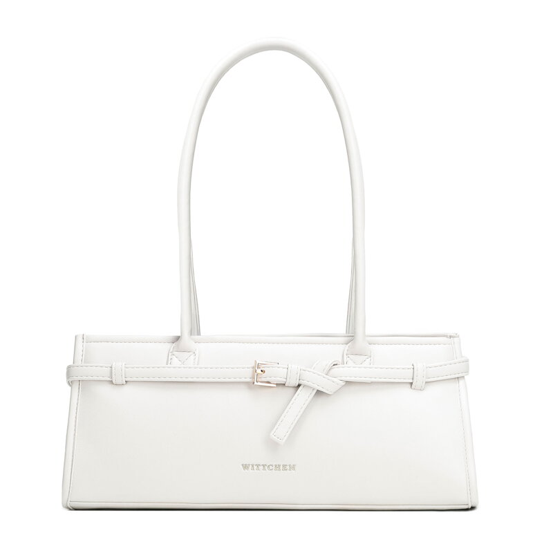 Torebka damska typu bagietka z ekoskóry z dekoracyjnym paskiem złamana biel 102-4Y-414-0