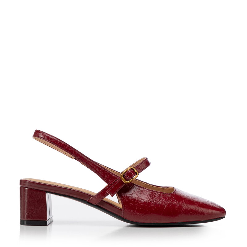 Damskie czółenka Mary Jane na niskim słupku czerwone 100-D-954-3