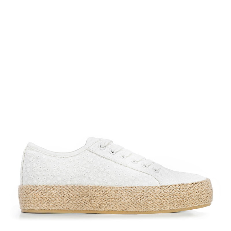 Damskie sneakersy na słomkowej podeszwie złamana biel 100-DP-803-1