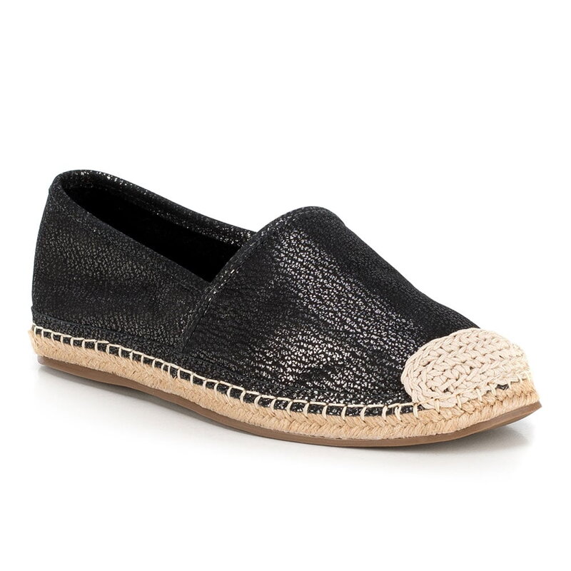 Damskie espadryle z połyskliwego nubuku czarne 86-D-703-1