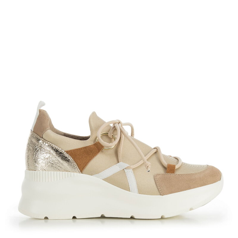 Damskie sneakersy z elastycznej tkaniny na koturnie beżowo-białe 95-D-657-9 Damskie sneakersy z elastycznej tkaniny na koturnie beżowo-białe 95-D-657-9
