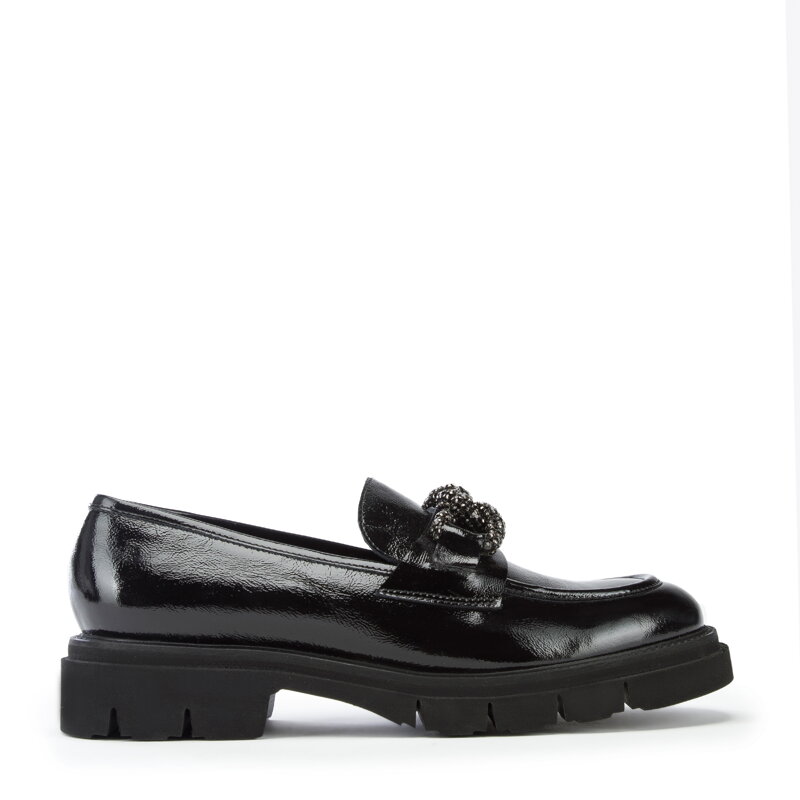 Damskie mokasyny skórzane z łańcuchem z kryształków czarne 97-D-106-1