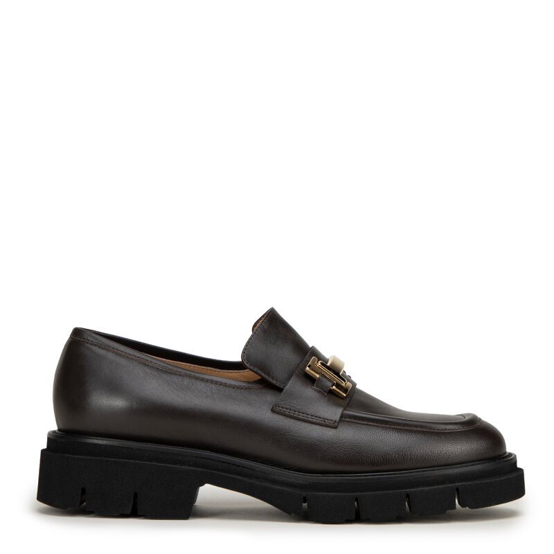 Damskie mokasyny ze skóry z ozdobną klamrą brązowe 99-D-111-4