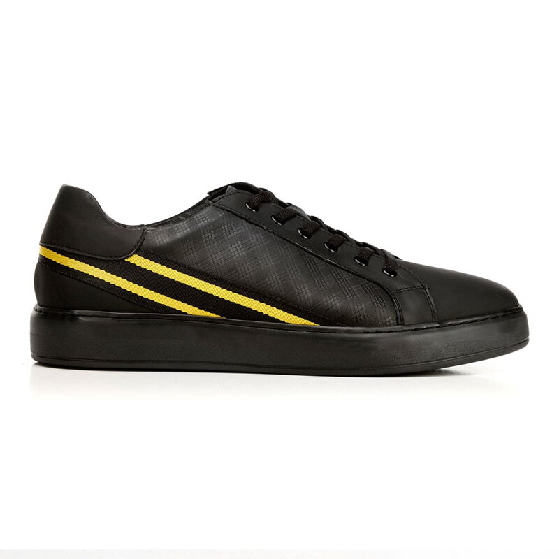 Męskie sneakersy ze skóry z kontrastowymi paskami czarno-żółte 92-M-511-1