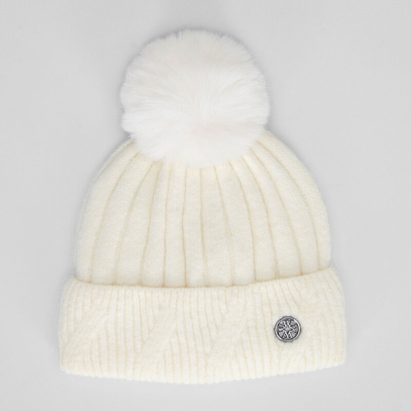 Czapka damska zimowa z pomponem ecru 101-HF-205-0
