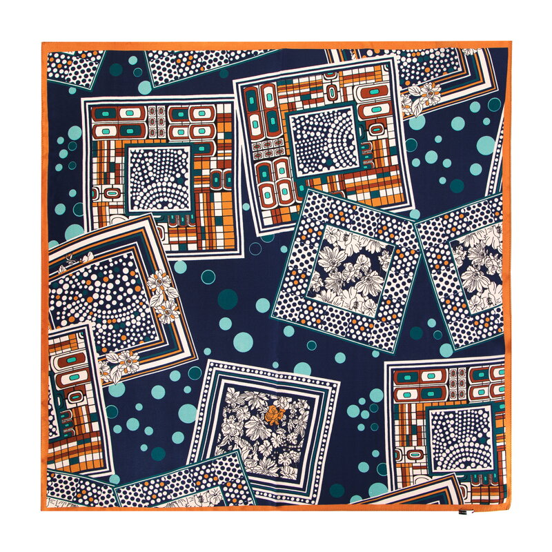 Damska chusta jedwabna we wzory duża granatowo-pomarańczowa 97-7D-S02-X4