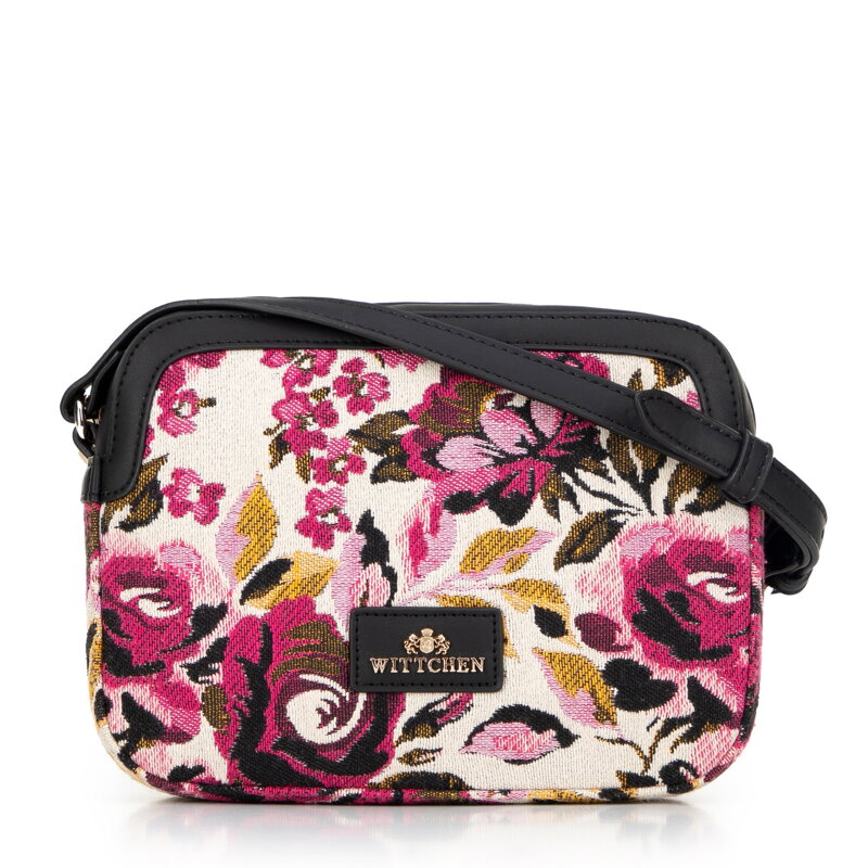 Damska crossbody z żakardu i ekoskóry biało - różowa 99-4E-503-11 Damska crossbody z żakardu i ekoskóry biało - różowa 99-4E-503-11