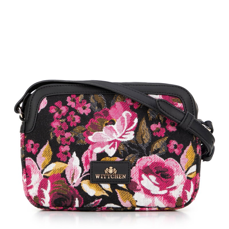 Damska crossbody z żakardu i ekoskóry czarno - różowa 99-4E-503-X10 Damska crossbody z żakardu i ekoskóry czarno - różowa 99-4E-503-X10