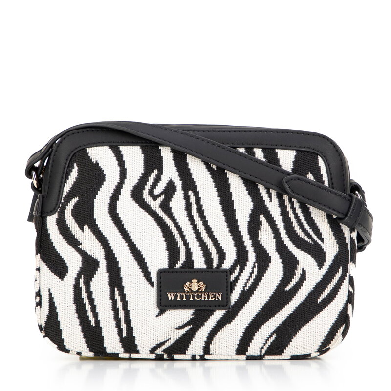 Damska crossbody z żakardu i ekoskóry biało - czarna 99-4E-503-X12 Damska crossbody z żakardu i ekoskóry biało - czarna 99-4E-503-X12