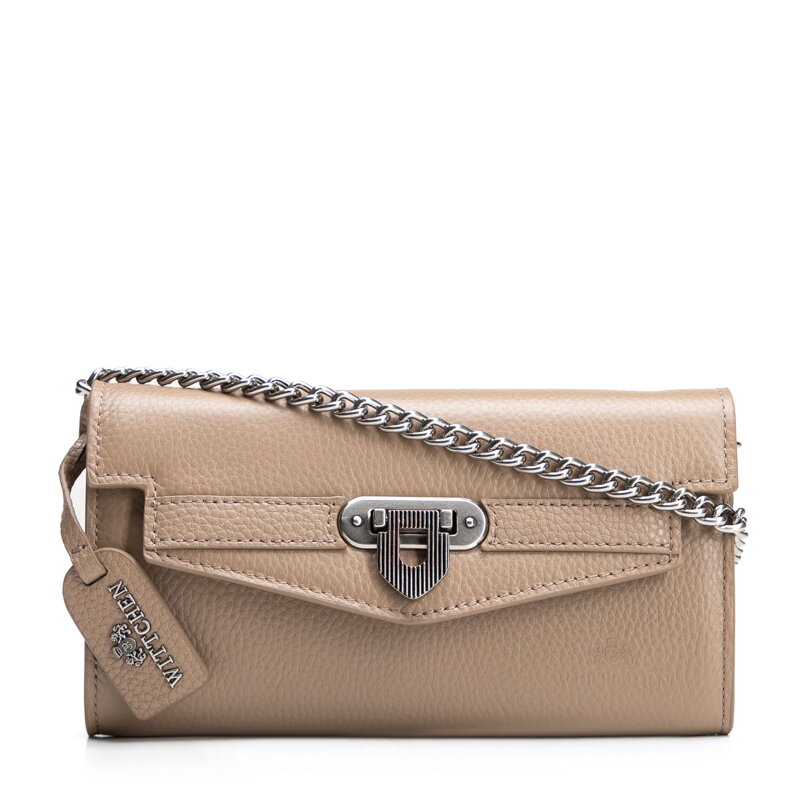 Damska kopertówka ze skóry naturalnej na łańcuszku beżowa 101-4E-217-9