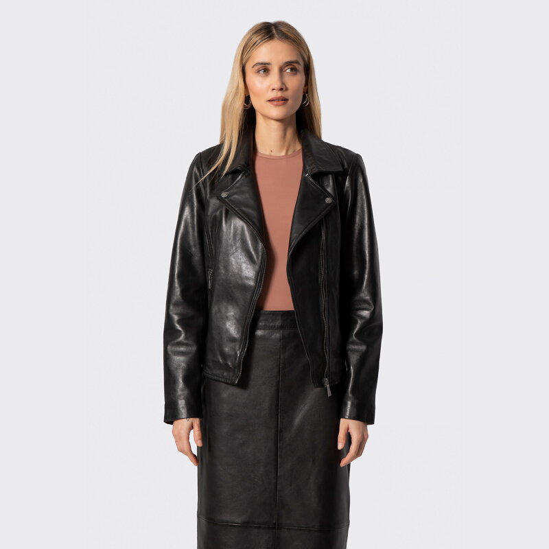 Damska kurtka ramoneska ze skóry naturalnej owczej czarna 102-09-400-1