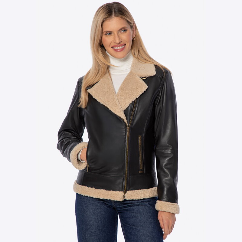 Damska kurtka ze skóry naturalnej obszyta sztucznym futrem brązowa 101-09-800-4