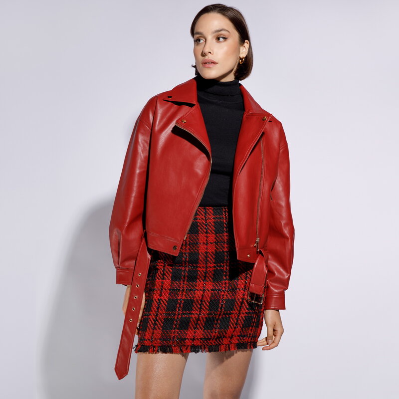 Damska ramoneska oversize z ekoskóry ciemny czerwona 95-9P-102-3